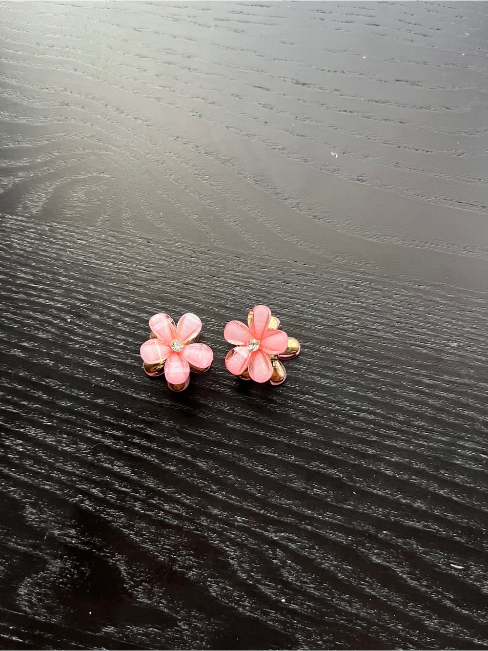 Pink Flower Mini Hair Claw Clips Gold Accent 2 Pack